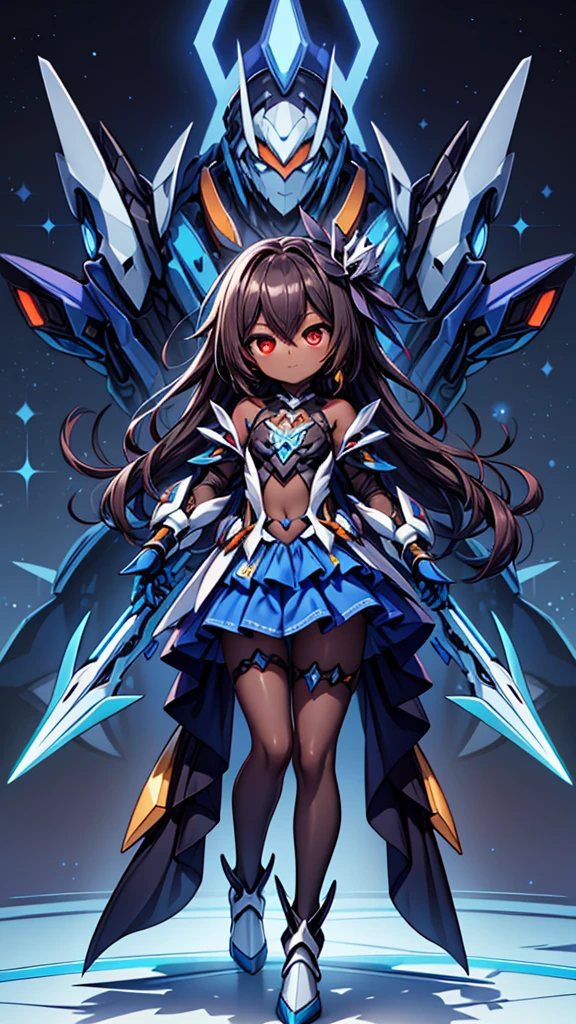 (((dark skin tone))),dark skin male, femboy, dark skin, cute shota,red eyes, ((blue mecha hairpin)), dark brown hair medium hair,wearing a black exoskeleton, blue gauntlet's, black mechanical pantyhose, honkai impact herrscher of reason, full armour mecha_musame, orange gem on chest, fullbody close-up 