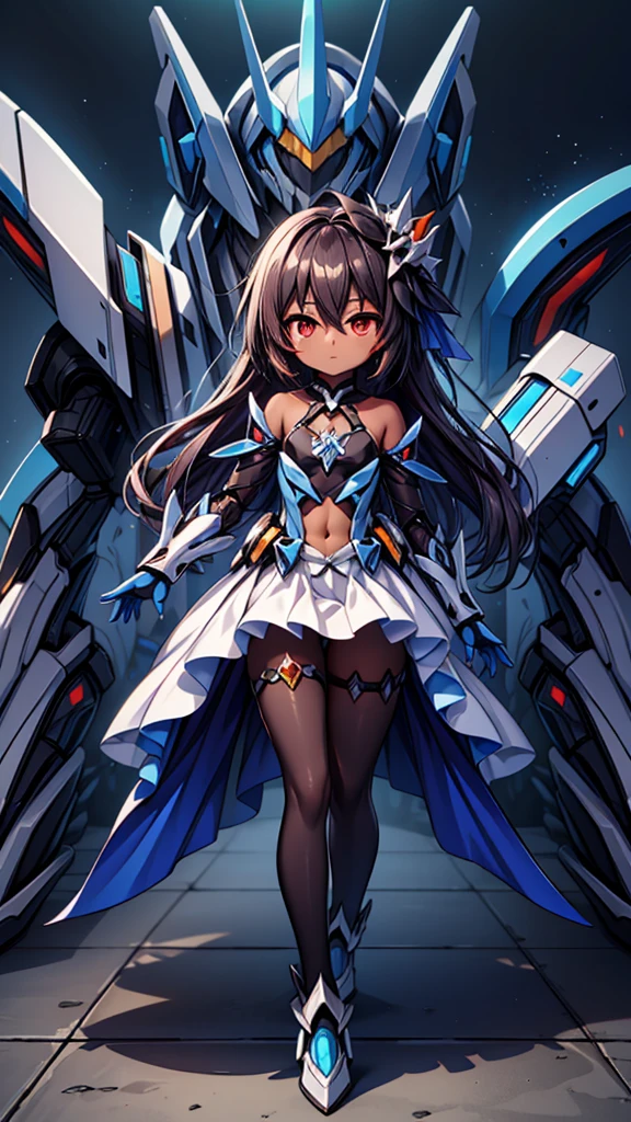 (((dark skin tone))),dark skin male, femboy, dark skin, cute shota,red eyes, ((blue mecha hairpin)), dark brown hair medium hair,wearing a black exoskeleton, blue gauntlet's, black mechanical pantyhose, honkai impact herrscher of reason, full armour mecha_musame, orange gem on chest, fullbody close-up 