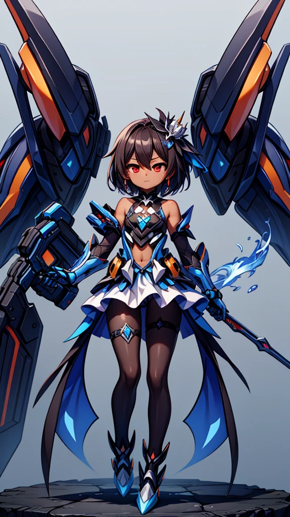 (((dark skin tone))),dark skin male, femboy, dark skin, cute shota,red eyes, ((blue mecha hairpin)), dark brown hair medium hair,wearing a black exoskeleton, blue gauntlet's, black mechanical pantyhose, honkai impact herrscher of reason, full armour mecha_musame, orange gem on chest, fullbody close-up 