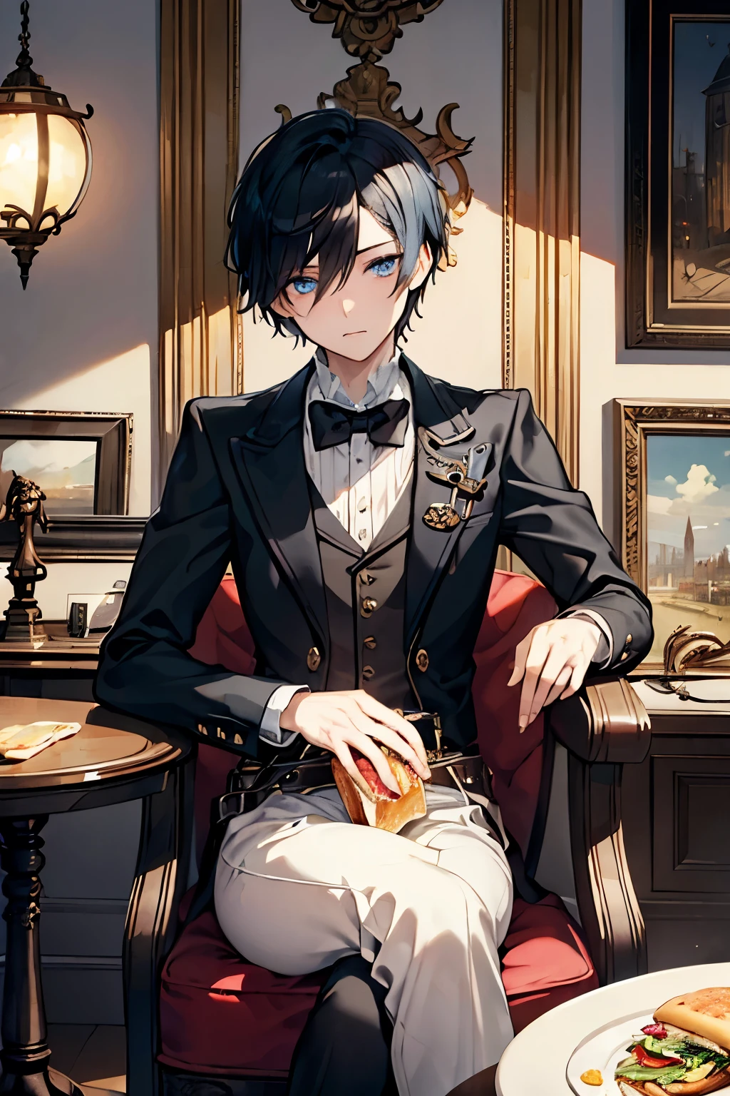 Prompt: (masterpiece), best quality, expressive eyes, perfect face,(((boy))),black hair, blue eyes, very short hair, fantasy, steampunk, eat a sandwich, coffee, luxury furniture, aristocratic house,
