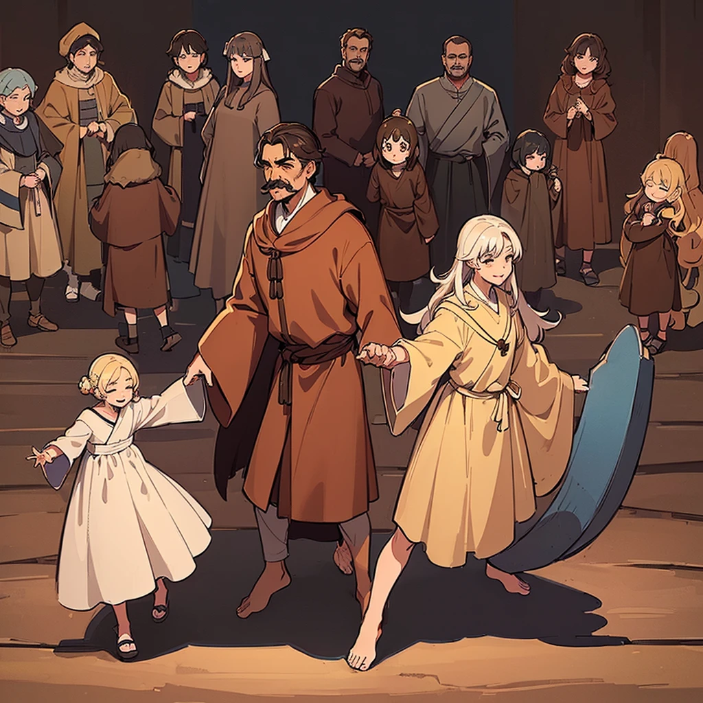 ((((Full body character concept、10 people))))、Highest quality, Best Quality,Best illustrations、middle ages、(((Simple brown robe)))、(40-year-old uncle、Kaiser moustache)、(Close your eyes、Close your eyes、smile)、dance、(From the side、From above)