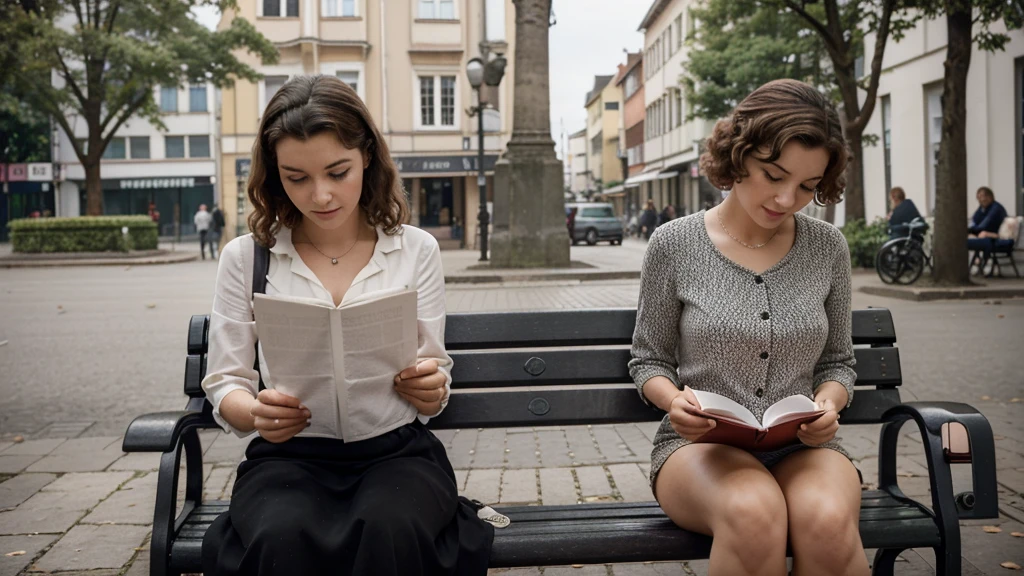  a split image photo, both images portray the same area in Wiesbaden German but 65 years apart, on the left side, the image is from the 1940's and is in black and white and a 20 year old German girl with curly hair waits on her boyfriend while smiling reading a love letter he sent her, on the right side in low toned color is the person but she is not 85 years old and sitting on that same bench feeding the pigeons alone with a sad look on her face as she read that same love letter years later
