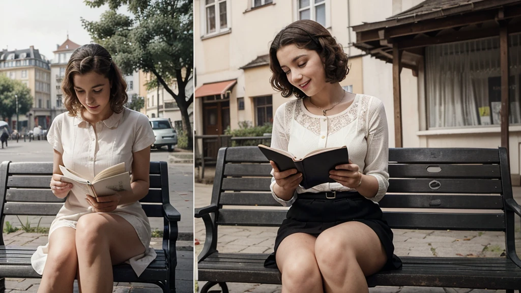  a split image photo, both images portray the same area in Wiesbaden German but 65 years apart, on the left side, the image is from the 1940's and is in black and white and a 20 year old German girl with curly hair waits on her boyfriend while smiling reading a love letter he sent her, on the right side in low toned color is the person but she is not 85 years old and sitting on that same bench feeding the pigeons alone with a sad look on her face as she read that same love letter years later