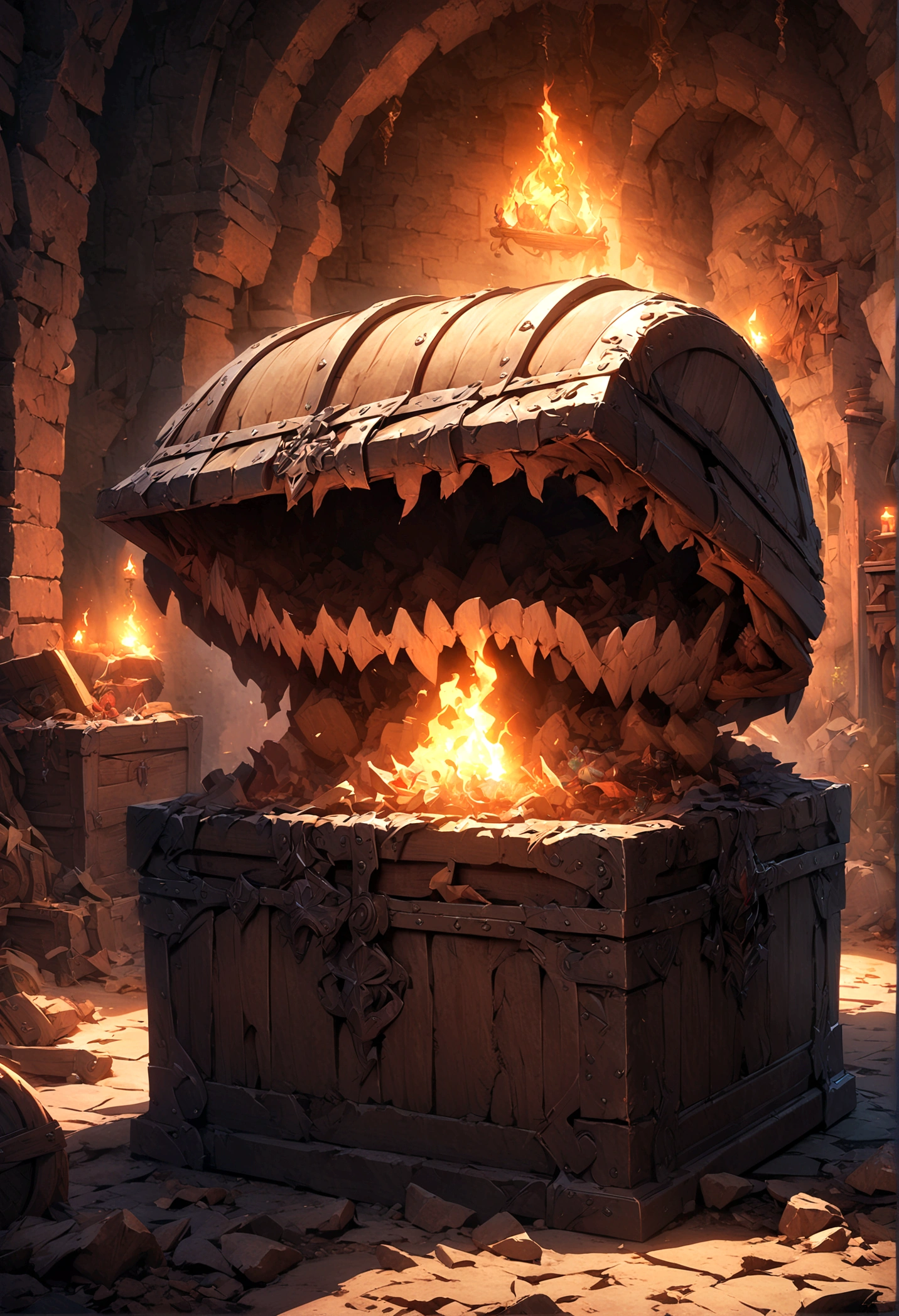 ((Masterpiece, top quality, high resolution)), ((highly detailed CG unified 8K wallpaper)), Mimic, A small room in the dungeon, a treasure chest lit by torches, a warrior destroying a treasure chest,