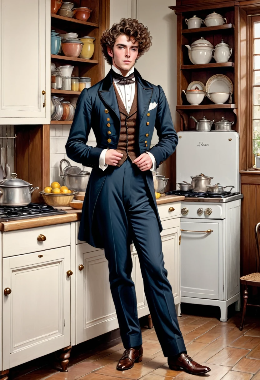 Full body shot in front view, young handsome Victorian dandy with brown curly hair standing in an kitchen coloured drawing in the style of 1871 Punch magazine illustrations. In the style of Charles Dana Gibson