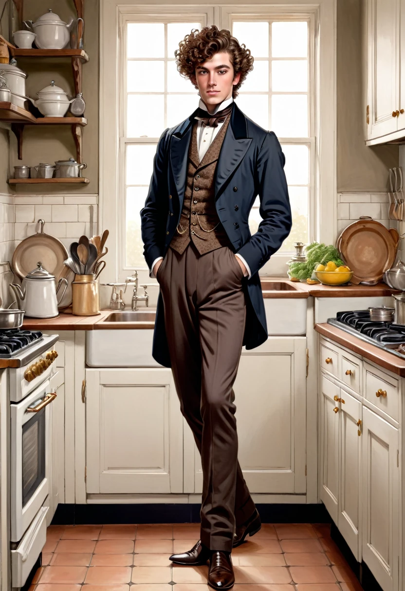 Full body shot in front view, young handsome Victorian dandy with brown curly hair standing in an kitchen coloured drawing in the style of 1871 Punch magazine illustrations. In the style of Charles Dana Gibson