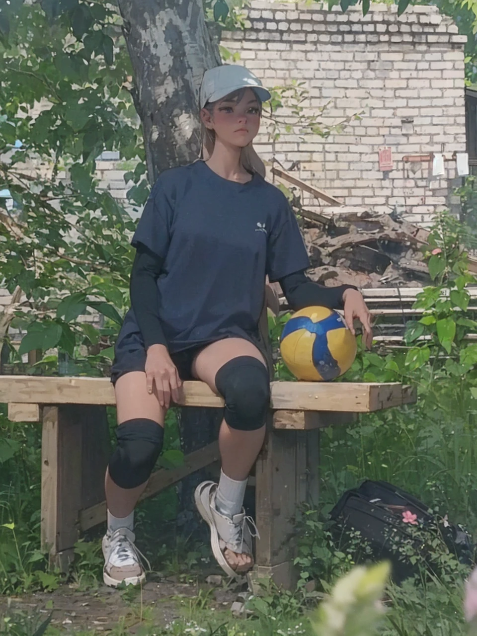 a beautiful girl sitting on a bench under a birch tree, summer day, lush green grass, soft sunlight, serene atmosphere, detailed facial features, delicate skin, flowing hair, elegant dress, contemplative expression, photorealistic, 4k, highly detailed, vivid colors, natural lighting, masterpiece