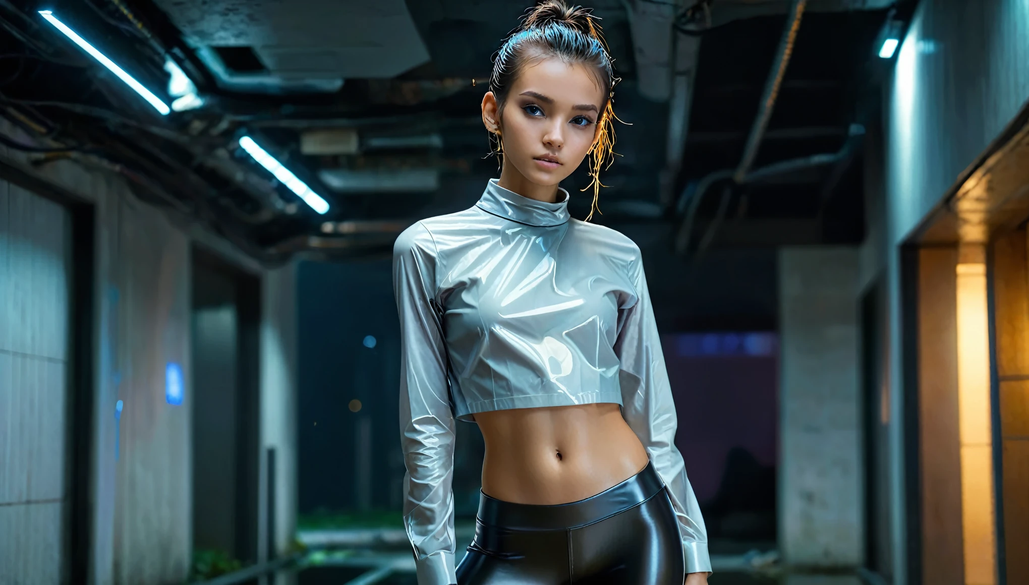 Top Quality, Masterpiece, High Resolution, 8k, (((cute skinny barely legal girl in an oversized shirt and wetlook leggings, bare belly, wide neckline, deep neckline, small perky breasts, beautiful detailed eyes, beautiful detailed lips, small closed mouth, extremely detailed face, long slick ponytail hair, small hips))), cyberpunk apartment, moody atmosphere, dramatic and neon colors, futuristic setting, intricate details, at night, full body shot, random pose, view from distance 