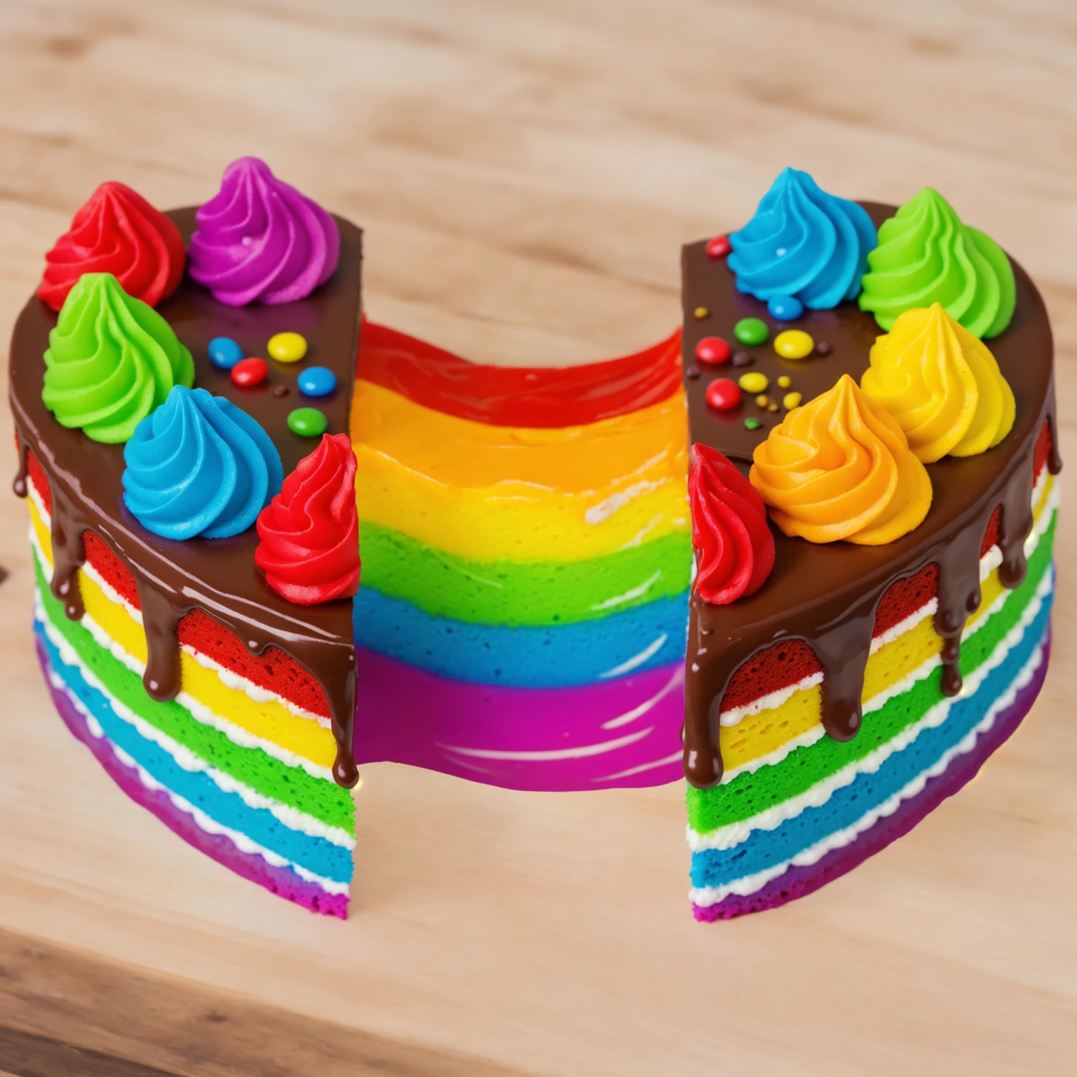 on a wooden table, heart shaped cake, The cake is torn in half and rainbow cream drips out. rainbow streaks stretch out from the sponge cake. rainbow sponge cake, chocolate streaks, rainbow cream, rainbow jelly beans candy. realistic picture, Realistic style, realistic textures, bright lighting, beautiful light source, detailed textures, high quality, A high resolution, macro photography, ultra 4k hd.