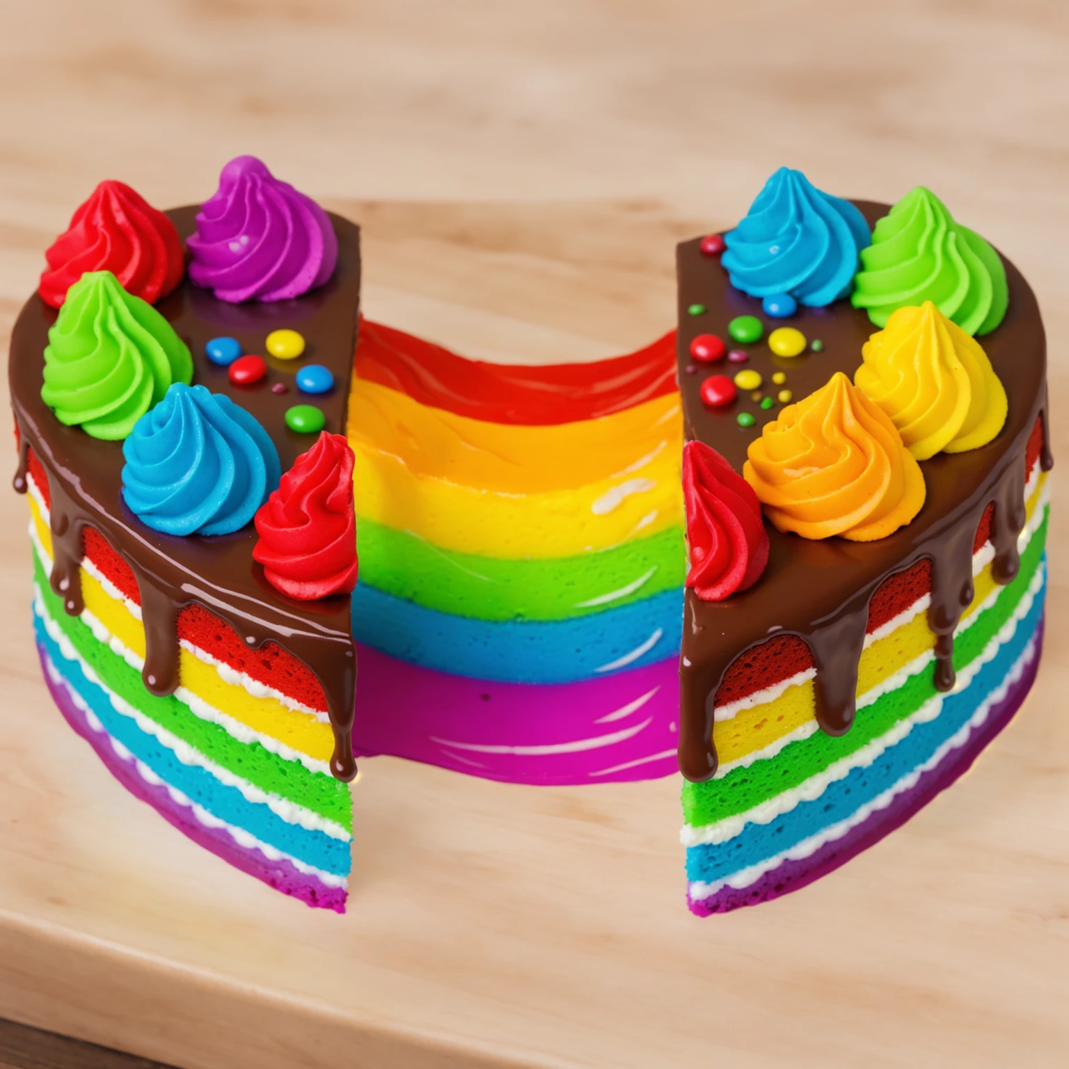 on a wooden table, heart shaped cake, The cake is torn in half and rainbow cream drips out. rainbow streaks stretch out from the sponge cake. rainbow sponge cake, chocolate streaks, rainbow cream, rainbow jelly beans candy. realistic picture, Realistic style, realistic textures, bright lighting, beautiful light source, detailed textures, high quality, A high resolution, macro photography, ultra 4k hd.