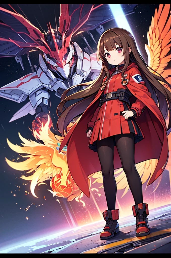 True Face、Full-body portrait、Are standing、Brown Hair、Long Hair、adult、Scientist、sf、Mechanical Battle Suit、Electronic Phoenix Wings、Wearing a red mechanical lab coat