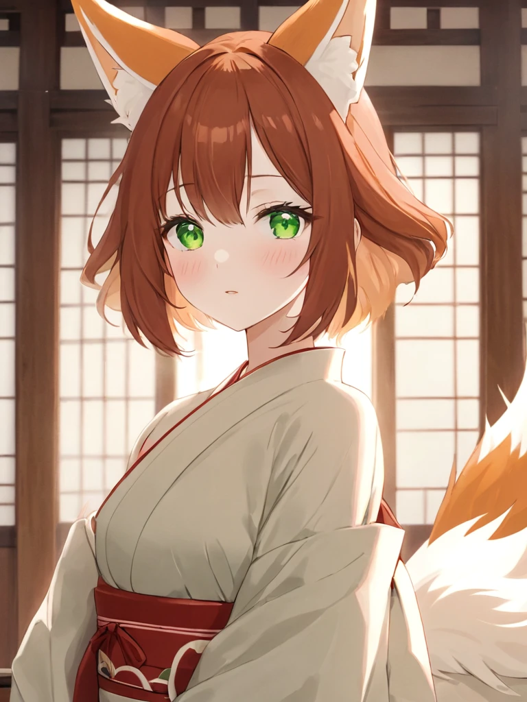 high_quality, 4k, masterpiece, 1girl, solo, shoulder-length auburn hair, green eyes, youthful, nine-tailed Kitsune, Kimono dress, light blush, fair-skinned, looking_at_viewer, indoors