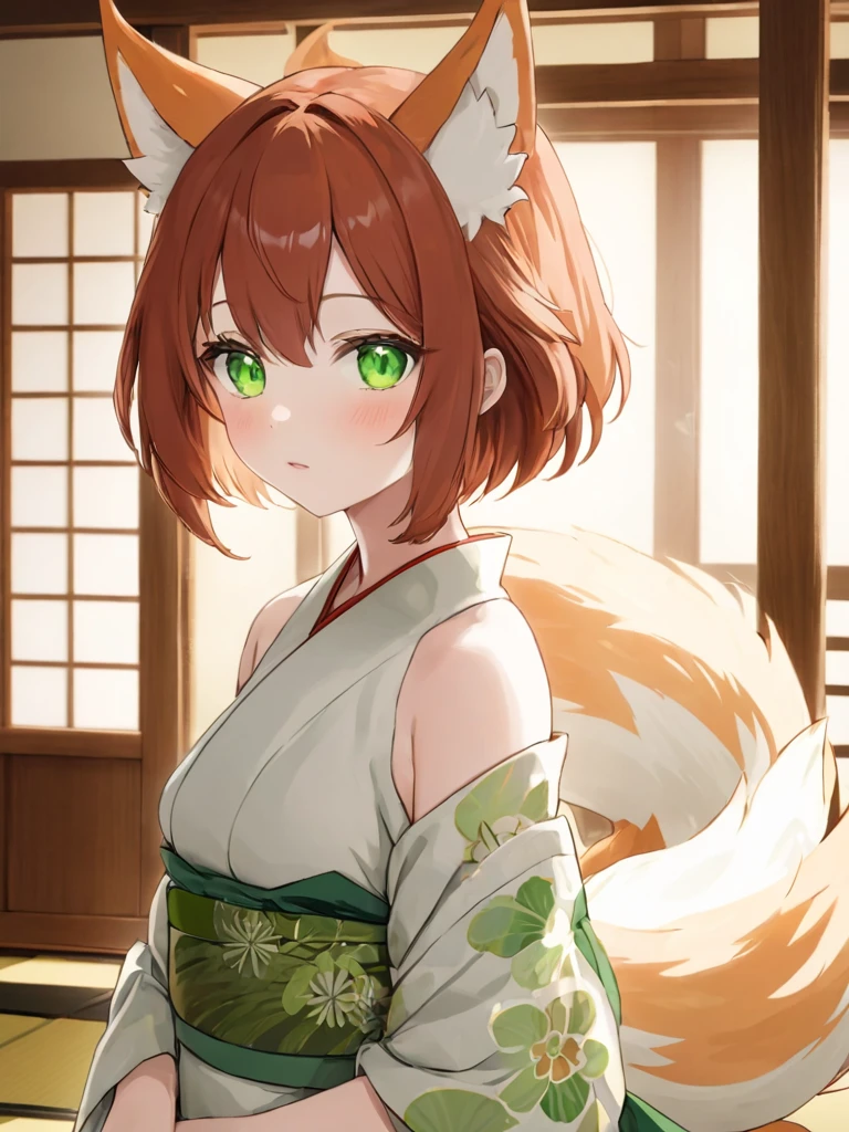 high_quality, 4k, masterpiece, 1girl, solo, shoulder-length auburn hair, green eyes, youthful, nine-tailed Kitsune, Kimono dress, light blush, fair-skinned, looking_at_viewer, indoors