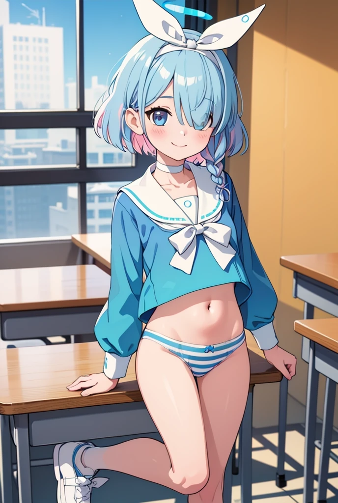 (masterpiece, best quality), 1girl, 1girl,arona (blue archive),hairband,blue hair,halo,hair over one eye,braid,short hair,solo,pink hair,looking at viewer,white hairband,blush,shirt,,sailor collar,long sleeves,serafuku,blue shirt,smile,ribbon,white sailor collar,choker,bow,single braid,Classroom background,white choker,colored inner hair,navel,bow hairband,white bow,hair ribbon,closed mouth,collarbone,shoes,white ribbon,white footwear,no_pants,panties,blue_striped_panties