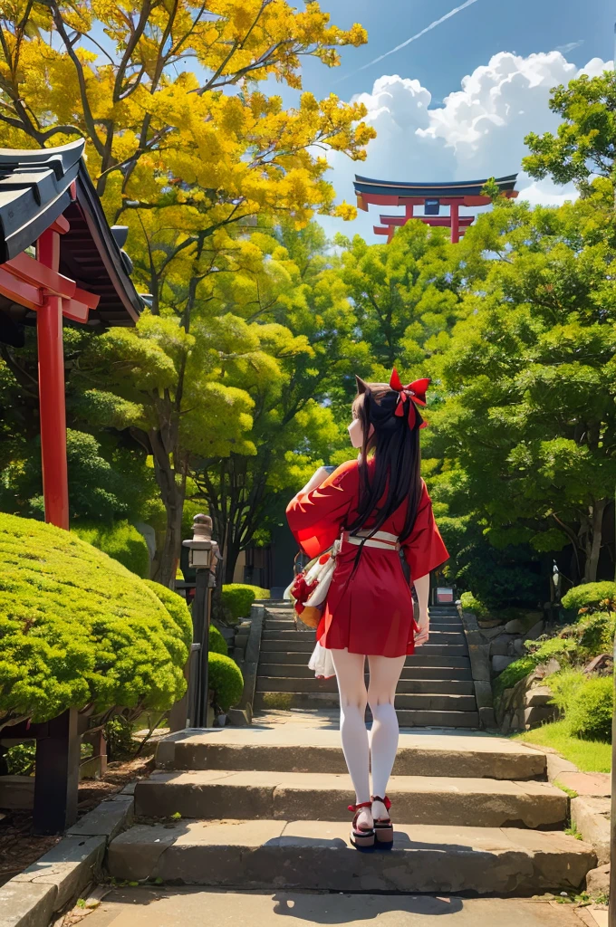 ((masterpiece,best quality)),outdoor, Red Torii, Tree,  stairs,, 2 girls, See-through clothes，Sexy body，Perfect face，Shrine maiden,Shrine maiden, Looking at the audience, look back,, Red Legwear, red Ribbon, Black Hair,樱flower, sky, flower, Hair Bun, hair Ribbon, Japanese clothes, kimono, Long hair, Cat ears, small flowers，, Multiple girls,  Red Eyes, Red hair, Ribbon, sandals, single Hair Bun, permanent,clog sandals,white kimono, Yellow eyes,火flower,High Leg Raise,