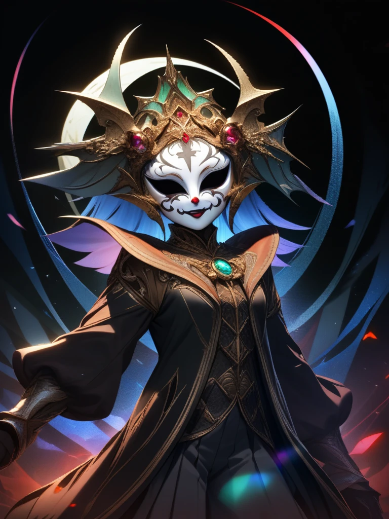32k, best quality, ultra high res, HDR, UHD, extremely detailed CG, unity 32k wallpaper, Create full-body digital images in a three-dimensional style that combine dark fantasy elements. Dynamic lighting to highlight intricate details. Sharp focus and at least 4K resolution、High-quality images are guaranteed. Playing cards floating on black background、Add a touch of magic and mystery to the composition. The composition must be perfect. The style of the image should resemble watercolor, With soft colors that enhance the dark and enigmatic atmosphere. The protagonist is a meticulously drawn full-body clown, With impressive minimalist mask, No ornaments or additional details, With a shiny silver color that conveys a mysterious and seductive smile, Hide teeth. On the mask, Large red gemstones stand out. clown、Wearing a unique and minimalist black clown suit with white details, Eta、Batwing hat to add a touch of mystery.., fullmoon, Beautiful starry sky,