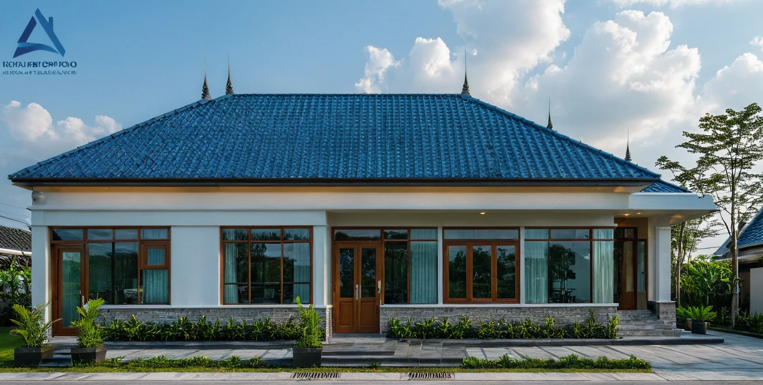 Raw photo, Masterpiece, high quality, best quality, authentic, super detail, outdoors, house style modern on the street , a traditional single-story Thai-style house, large glass window and at the first floor, blue tile roof, white wall, pavement, grass, trees, tropical plants, clear sky, cloud, (nature light), (daylight:1.2)