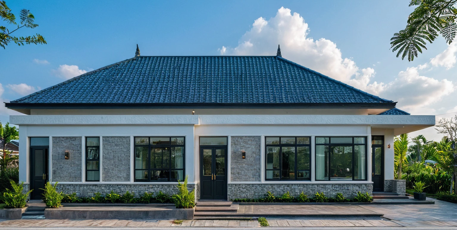 Raw photo, Masterpiece, high quality, best quality, authentic, super detail, outdoors, house style modern on the street , a traditional single-story Thai-style house, large glass window and at the first floor, blue tile roof, white wall, pavement, grass, trees, tropical plants, clear sky, cloud, (nature light), (daylight:1.2)