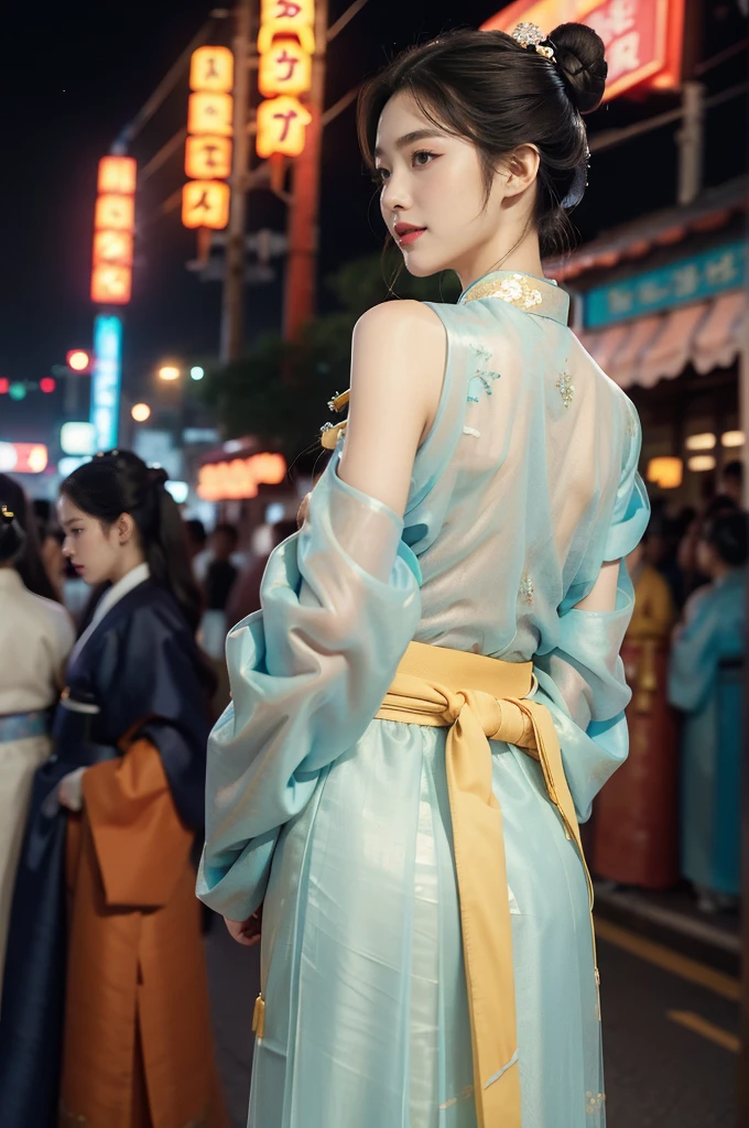 (((best quality))),(((ultra detailed))),(((masterpiece))),illustration,1girl,bun hair,(see through gauze hanbok:1.3),collar,slim,laughing, summer night,Korean city scape, street, neon signs, beautiful, vibrant, detailed facial features,medium hair, elegance, cultural atmosphere, bustling city,tall buildings full of colorful advertisements, reflections, lively atmosphere, street food aroma,upper body,from back,(shoulder off,bare back,towering hips,butt crack)