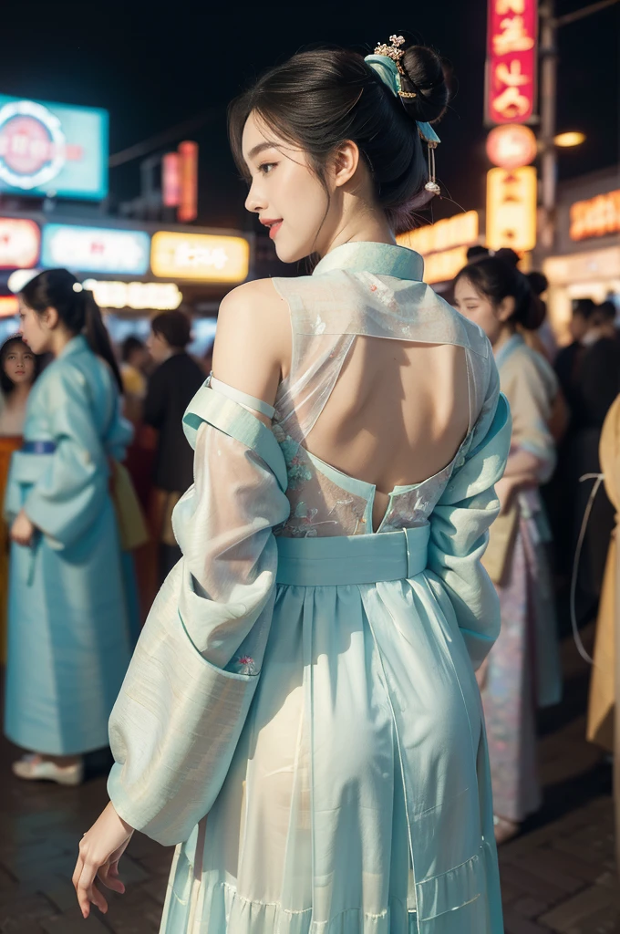 (((best quality))),(((ultra detailed))),(((masterpiece))),illustration,1girl,bun hair,(see through gauze hanbok:1.3),collar,slim,laughing, summer night,Korean city scape, street, neon signs, beautiful, vibrant, detailed facial features,medium hair, elegance, cultural atmosphere, bustling city,tall buildings full of colorful advertisements, reflections, lively atmosphere, street food aroma,upper body,from back,(shoulder off,bare back,towering hips,butt crack)