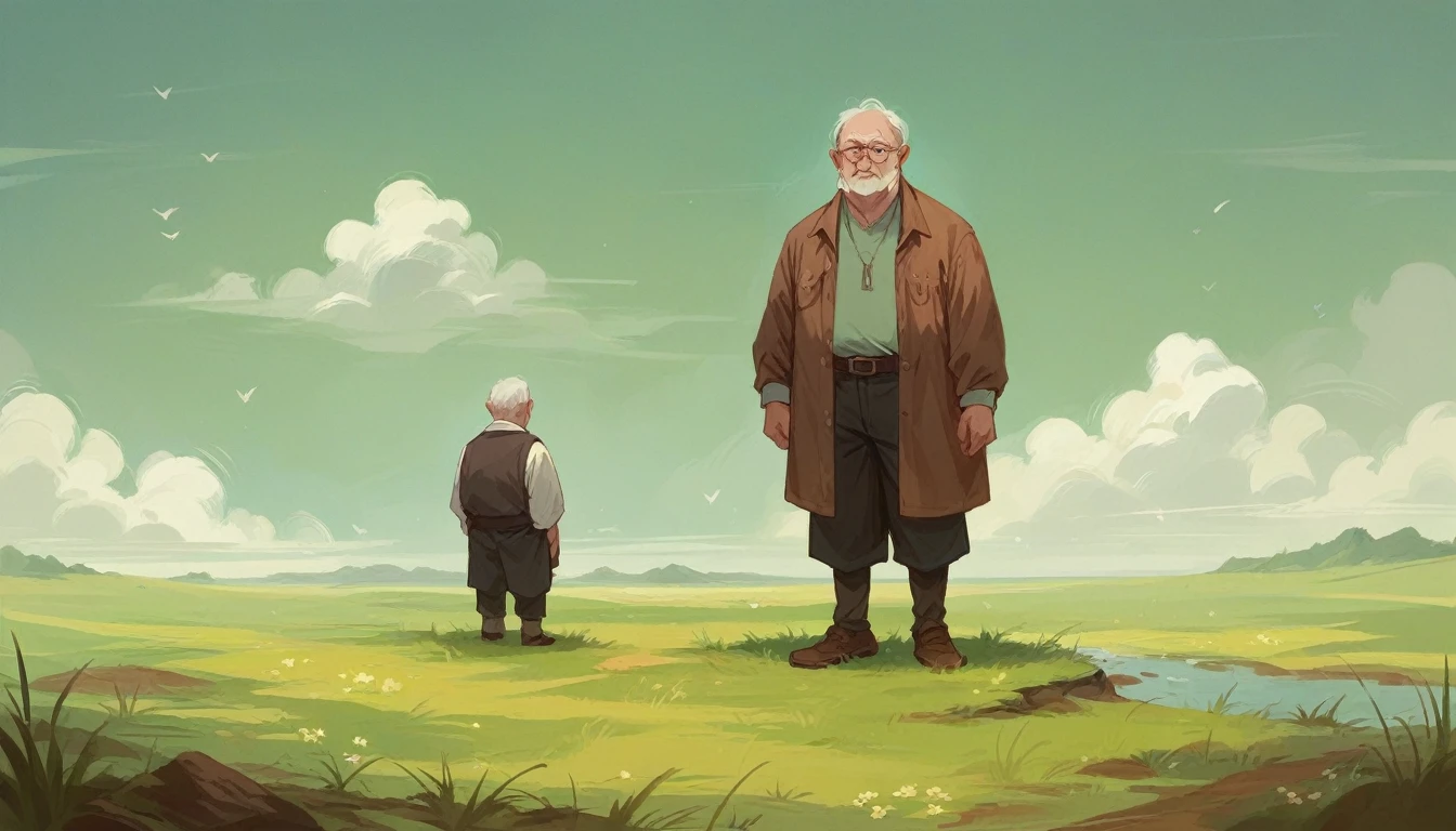 An old man standing in along distance a flat green fielded ground