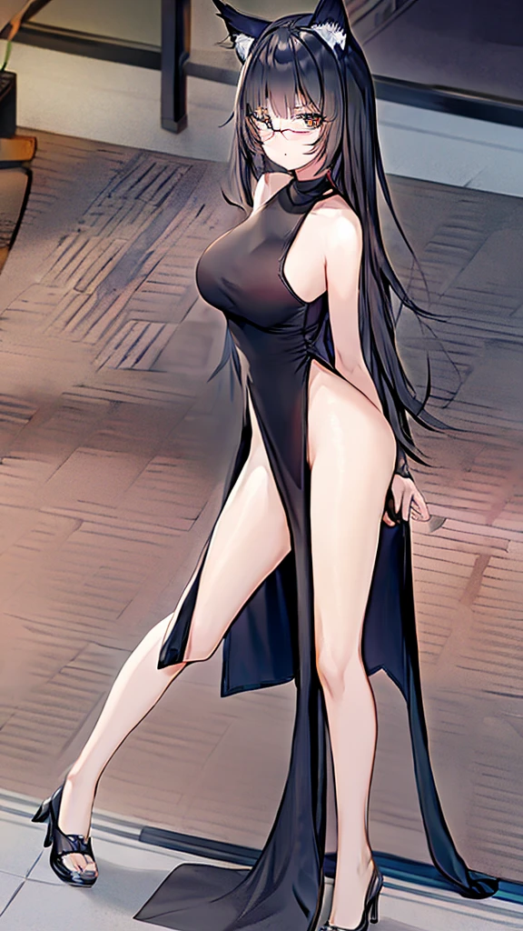 A 20-year-old cat girl with long black hair, gray eyes, cat ears and a cat tail, wears glasses, black long dresses sexy, sleeveless, standing