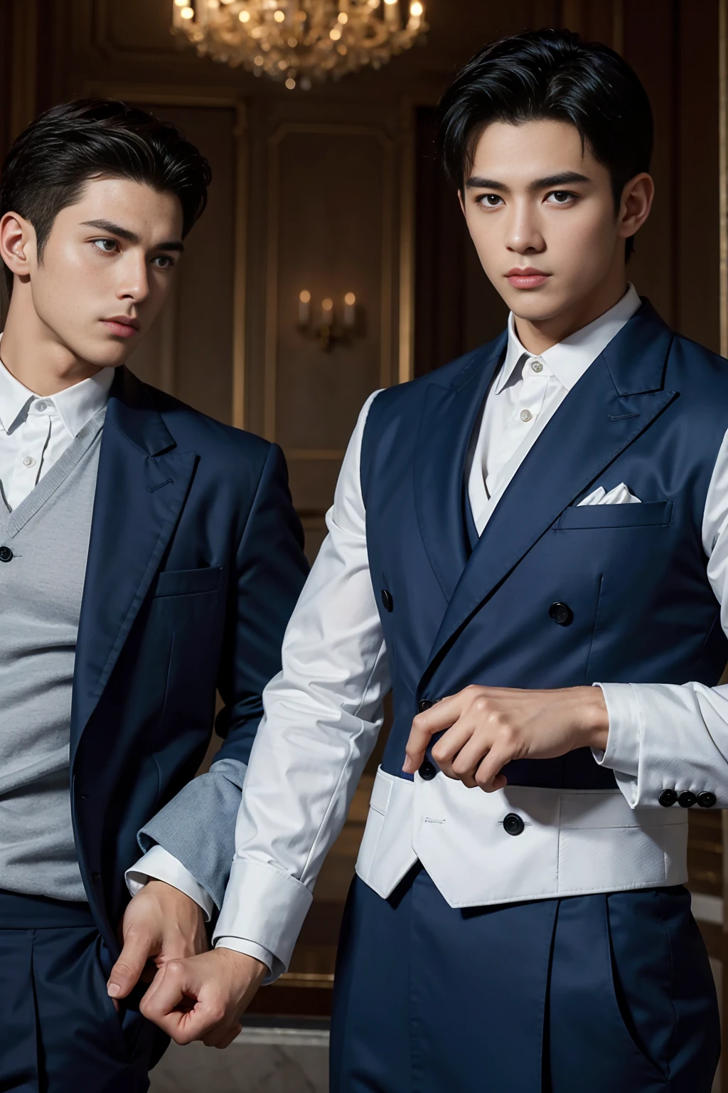 ((masterpiece)),((best quality)),8K,high detail,Very detailed, Very manly,3 men, like,fashion pose, Realistic skin texture, Light,
Royal blue style couple