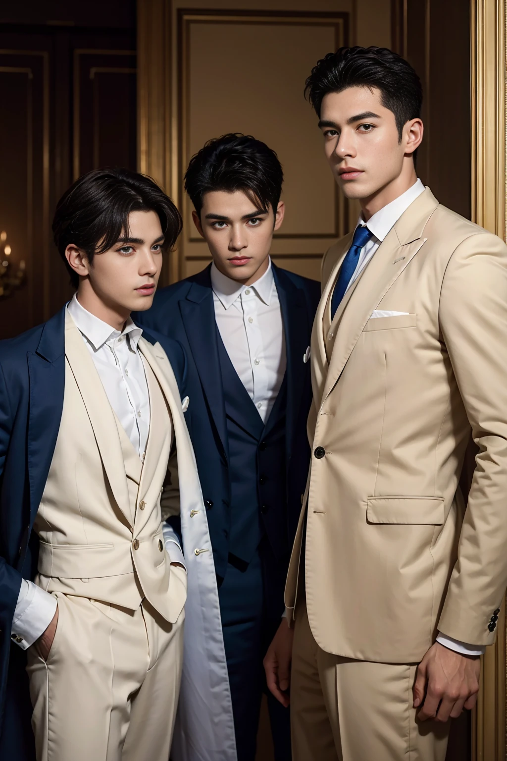 ((masterpiece)),((best quality)),8K,high detail,Very detailed, Very manly,3 men, like,fashion pose, Realistic skin texture, Light,
Royal blue style couple