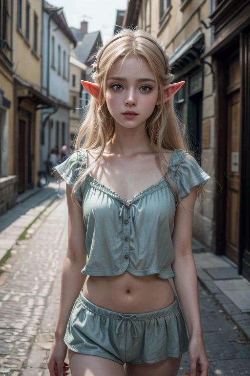elven girl, beautiful young girl with elf ears, wearing short cute outfit, walking down a medieval street, 13 year old girl, sexual image, detailed face, piercing eyes, delicate lips, high quality, intricate details, fantasy, soft lighting, cinematic, highly detailed, photorealistic, 8k, HDR, masterpiece