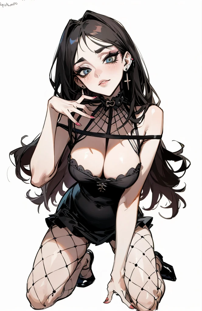 （best quality，masterpiece：1.2，detailed details，4k），((masterpiece)), ((best quality)), (ultra-detailed), anime style,large breast, slim, slender, ashamed, all fours ，Kneeling,Girl with modern gothic makeup, fair skin, long legs, black eyeshadow, camisole, plump figure, earrings and lip studs, fishnet stockings, posing in an attractive pose, lovable expression