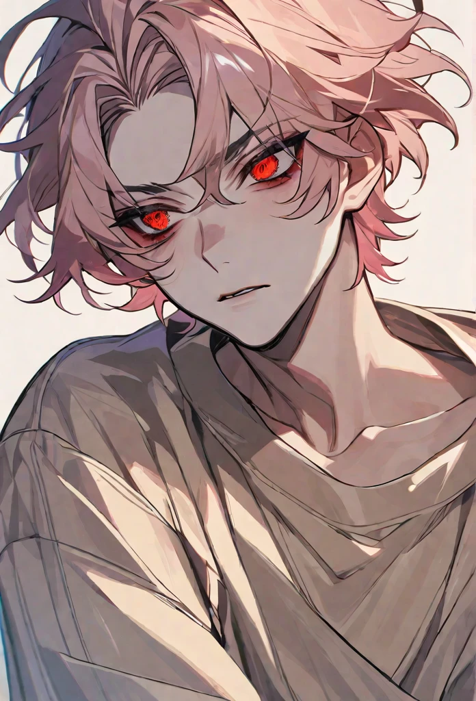 alone, good looking, 1 male, short hair, pink and beige hair, red odd eyes