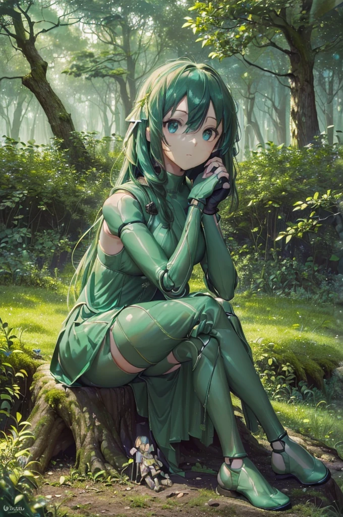 ((((Obra maestra, La mejor calidad, ultrahigh resolution)))), 1tree_like_woman, serene, sitting, (((doll knees, doll elbows, (doll joints:1.2, action figure limbs:1.2, segmented body))), [organic body], (segmented waist), (tree trunk waist), (deep green leaves for hair), long curly hair, earthy skin, ((emerald eyes)), ((glowing_eyes)), (((ultra detailed eyes:0.7, beautiful and detailed face, detailed eyes:0.9))), ((centered, sitting with legs crossed, trunk leaning slightly forward)), wide shot, overgrown forest, four quarters visible, large, curvaceous breasts, wearing mossy leaves as clothing, hands resting on knees, ((realistic, lush, Bloom texture, high resolution leaves and foliage)), 2000 years old, (leaning forward, tree-like grip on hands), (calming, serene), (((high contrast, dusk setting, forest ambiance)))