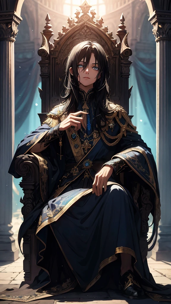 Black haired, A blue-eyed prince sleeps on a majestic throne inside an abandoned palace. The environment around it is dark and gloomy, with evil blue eyes in the walls and cobwebs hanging there. The throne is richly decorated, with details of gold and precious stones, and covered with a dusty cloth. The protagonist is dressed in royal clothes, Masterpiece, Best Quality, Ultra-detailed, illustartion, concept art in 8K resolution, Fantasy art, epic art, concept art wallpaper 4k, Deep color, natural lighting, detailed face, proper finger, majestic