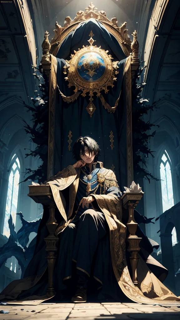 Black haired, A blue-eyed prince sleeps on a majestic throne inside an abandoned palace. The environment around it is dark and gloomy, with evil blue eyes in the walls and cobwebs hanging there. The throne is richly decorated, with details of gold and precious stones, and covered with a dusty cloth. The protagonist is dressed in royal clothes, Masterpiece, Best Quality, Ultra-detailed, illustartion, concept art in 8K resolution, Fantasy art, epic art, concept art wallpaper 4k, Deep color, natural lighting, detailed face, proper finger, majestic