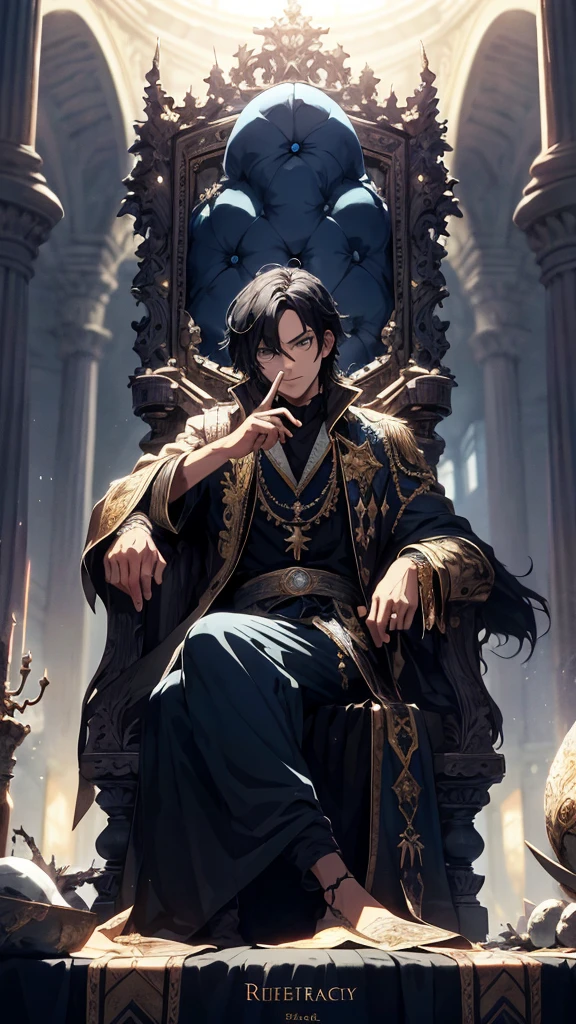 Black haired, A blue-eyed prince sleeps on a majestic throne inside an abandoned palace. The environment around it is dark and gloomy, with evil blue eyes in the walls and cobwebs hanging there. The throne is richly decorated, with details of gold and precious stones, and covered with a dusty cloth. The protagonist is dressed in royal clothes, Masterpiece, Best Quality, Ultra-detailed, illustartion, concept art in 8K resolution, Fantasy art, epic art, concept art wallpaper 4k, Deep color, natural lighting, detailed face, proper finger, majestic