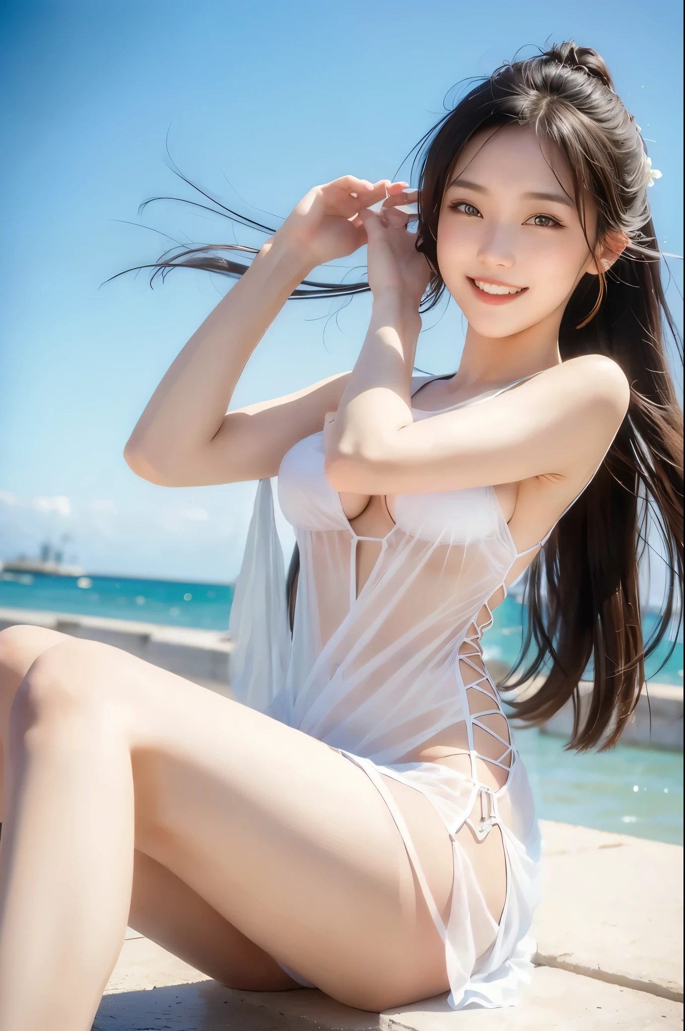 Asian woman in a skimpy see-through dress sitting on a ledge near the sea, It's hot with the shining sun, realistic Young Gravure Idol, Young and cute gravure idol, Gorgeous Chinese Model, Trending on cgstation, Young Gravure Idol, Trending on cgstation, Gorgeous Young Korean Woman, Young and sexy gravure idol, Young and skinny gravure idol, Beautiful Asian Girl, Li Zixin