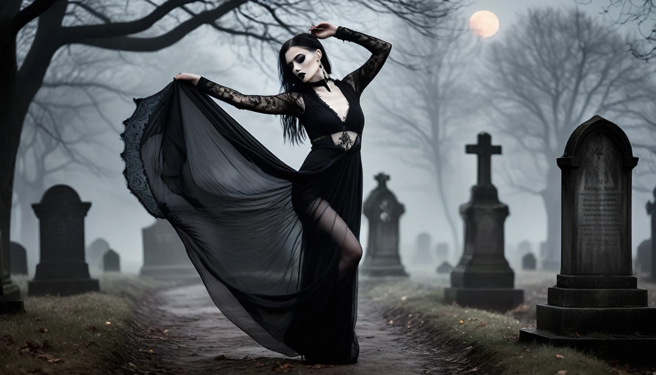 A stunning, high-realistic, full body photograph of a skinny slender scandinavian goth woman goth tatttos, pale skin, goth make-up dramaticly dancing at old graveyard, fog, dark sinister atmospheric. lit by the full moon at night. clothed only in intricately draped, flowing black silk scarves, evoking a sense of elegance and grace. Captured in a monochromatic color palette, the black and white tone amplifies the textures and shadows, adding depth to the fluid, energetic movement of the subject. Soft, diffused lighting accentuates the woman's sinuous curves, as her slender limbs seem to blur in motion, exuding a sense of freedom and melancholy.