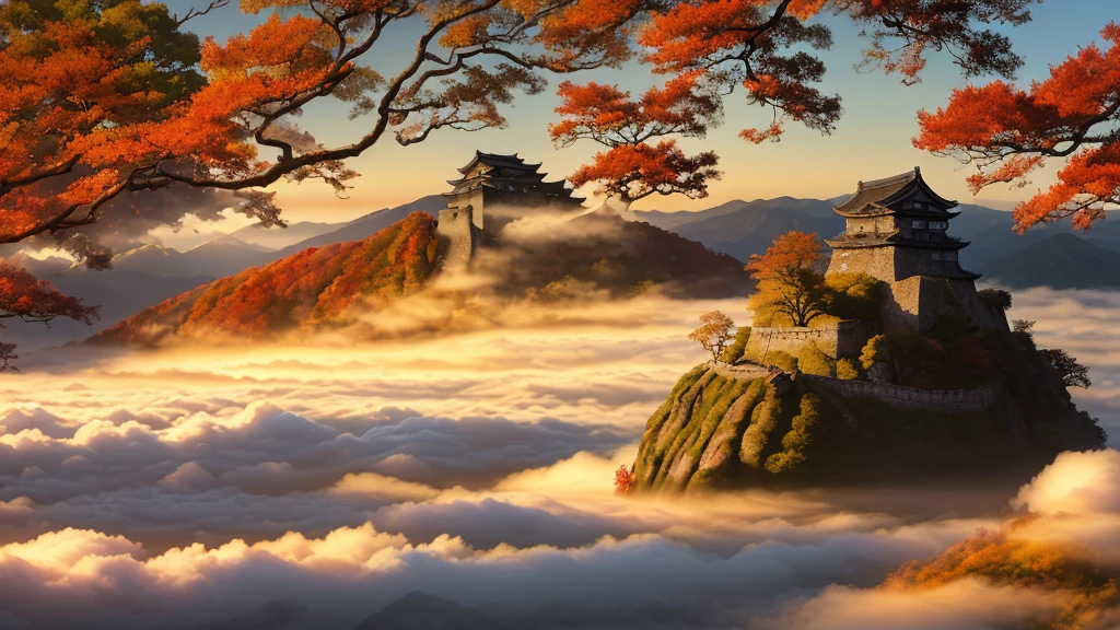 (Morning mist), (Takeda Castle ruins), (Hyogo, Japan), (floating above the clouds), (spectacular stone walls), (autumn foliage), (serene landscape), (mysterious atmosphere), (morning glow), (Japanese heritage), (mountain top), (historic site), (vibrant colors), (tourists admiring view), (ancient stonework)