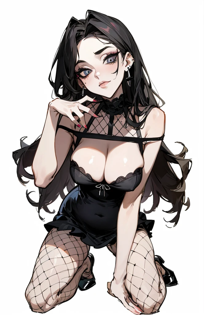 (best quality,masterpiece:1.2,detailed details,4k),((masterpiece)), ((best quality)), (ultra-detailed), anime style,large breast, slim, slender, ashamed, all fours ,Kneeling,Girl with modern gothic makeup, fair skin, long legs, black eyeshadow, camisole, plump figure, earrings and lip studs, fishnet stockings, posing in an attractive pose, lovable expression