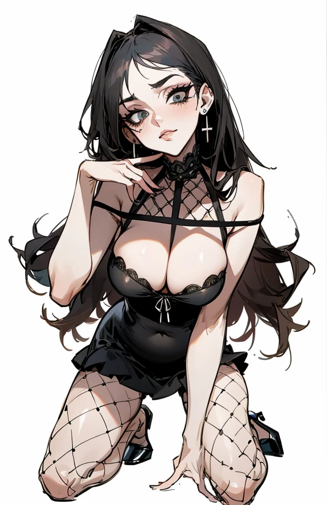 （best quality，masterpiece：1.2，detailed details，4k），((masterpiece)), ((best quality)), (ultra-detailed), anime style,large breast, slim, slender, ashamed, all fours ，Kneeling,Girl with modern gothic makeup, fair skin, long legs, black eyeshadow, camisole, plump figure, earrings and lip studs, fishnet stockings, posing in an attractive pose, lovable expression