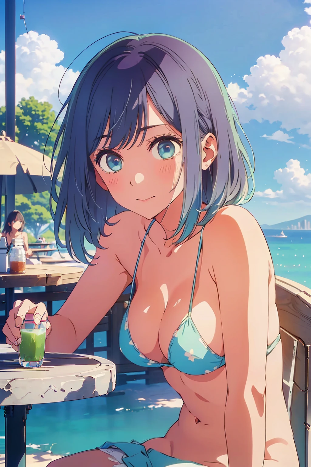 (Highest quality:1.4、8K:1.4、detailed)、F cup bust、Big Breasts、Slim body、Very white beautiful skin、((((1 person、Surprised expression、sit、Chair、In the background are the urban buildings of Tokyo、looking at the camera、Outdoor café terrace、coastal、Navy hair color、juice、Shooting up close、table、Very cute face))))、(Pose of putting hair behind ears with hands:1.4）、((nude、Areola))、bikini、Very blue sky、A completely cloudless sky