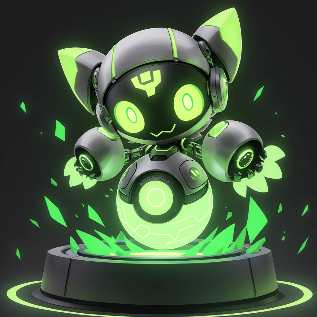 fluffy cute robotic ball with green glowing eyes in a steel world