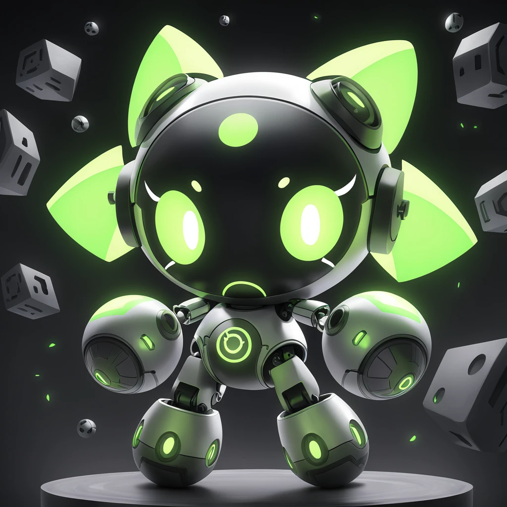 fluffy cute robotic ball with green glowing eyes in a steel world