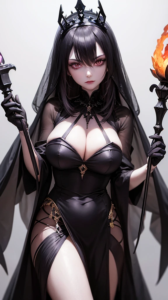 The Evil Queen from Snow White, an elegant and sinister figure with a regal bearing. She wears a long, flowing black and purple gown with high collar and gold accents. Her sharp, angular features are framed by a tight black headdress that contrasts starkly with her pale skin. She holds a golden scepter with a large, red gemstone, and her eyes glint with cold malice. Her presence exudes power and malevolence, standing in a dark, gothic castle with tall, arched windows and flickering torches casting eerie shadows.