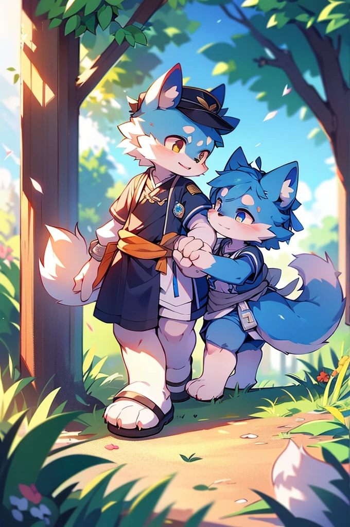 Blue fur, Canine, fox motif, Couple of girls and boys, uniform、Hold hands,
