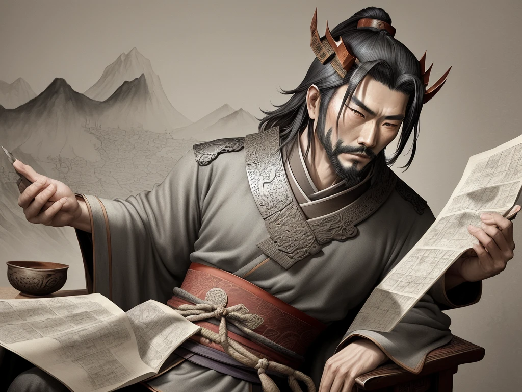 A landscape painting in the style of ink wash painting, with visible brush strokes and a rough texture, capturing the essence of traditional East Asian art. A cunning and strategic portrait of Cao Cao, a warlord from the Three Kingdoms era. He wears a royal robe with dragon patterns, a crown, and has a sharp, intelligent look. He is seated on a throne, holding a fan, surrounded by maps and scrolls.