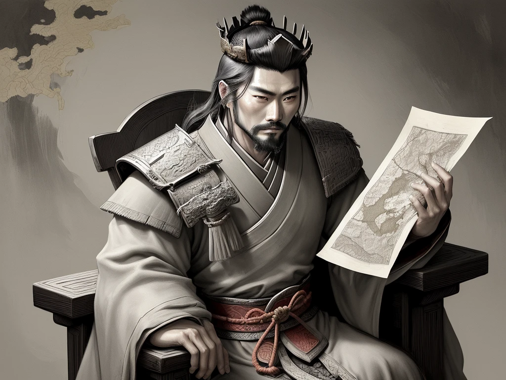A landscape painting in the style of ink wash painting, with visible brush strokes and a rough texture, capturing the essence of traditional East Asian art. A cunning and strategic portrait of Cao Cao, a warlord from the Three Kingdoms era. He wears a royal robe with dragon patterns, a crown, and has a sharp, intelligent look. He is seated on a throne, holding a fan, surrounded by maps and scrolls.