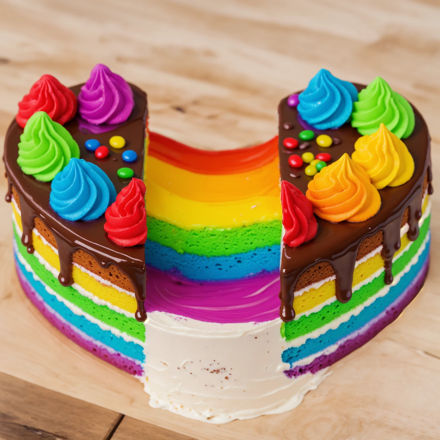 on a wooden table, heart shaped cake, The cake is torn in half and rainbow cream drips out. rainbow streaks stretch out from the sponge cake. rainbow sponge cake, chocolate streaks, rainbow cream, rainbow jelly beans candy. realistic picture, Realistic style, realistic textures, bright lighting, beautiful light source, detailed textures, high quality, A high resolution, macro photography, ultra 4k hd.