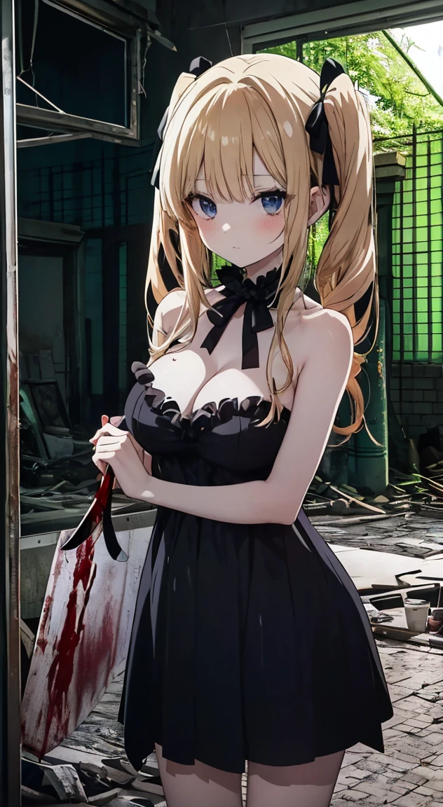 masterpiece, highest quality, (anime screencap:1.3),(shape), cute,(simple:1), (anime:1.2),Solo Sharp Focus, 1 girl, cleavage,looking at the viewer, Japan,nighttime,gold hair,((mini skirt)),Are standing, twin tails,summer ,((White Gothic Costume)),red ribbon,in the dark gothic,abandoned house,lolita fashion,gothic bonnet,hair ribbon,cowboy shot,in the nighttime,rainy sky,,(Ruins house1.1),(Abandoned house1.1),large breasts,dark,cloudy,heavy rain,(Holding a bloody knife1.1),(bathe in blood1.1),NSFW,