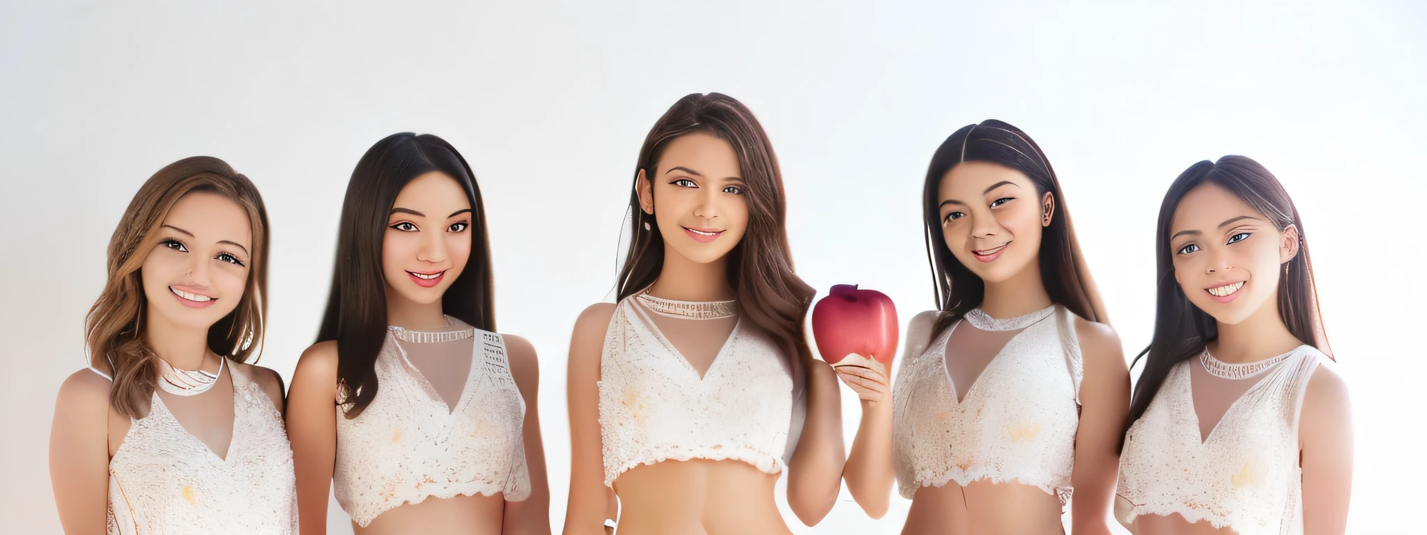 (Delicate face), (movie lighting), (ray tracing), (textured skin), (4K), (best picture quality), (masterpiece), (detail), (whole body), five lively girls holding an apple in hand, smiling at the screen in a different pose